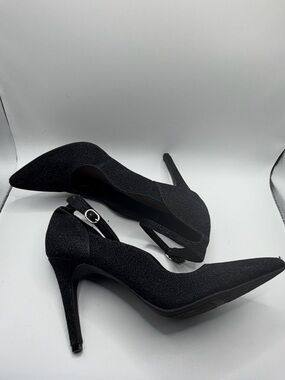 Christian Sirano “Kenni” Women's Black Glitter Stiletto Heels with Ankle Strap